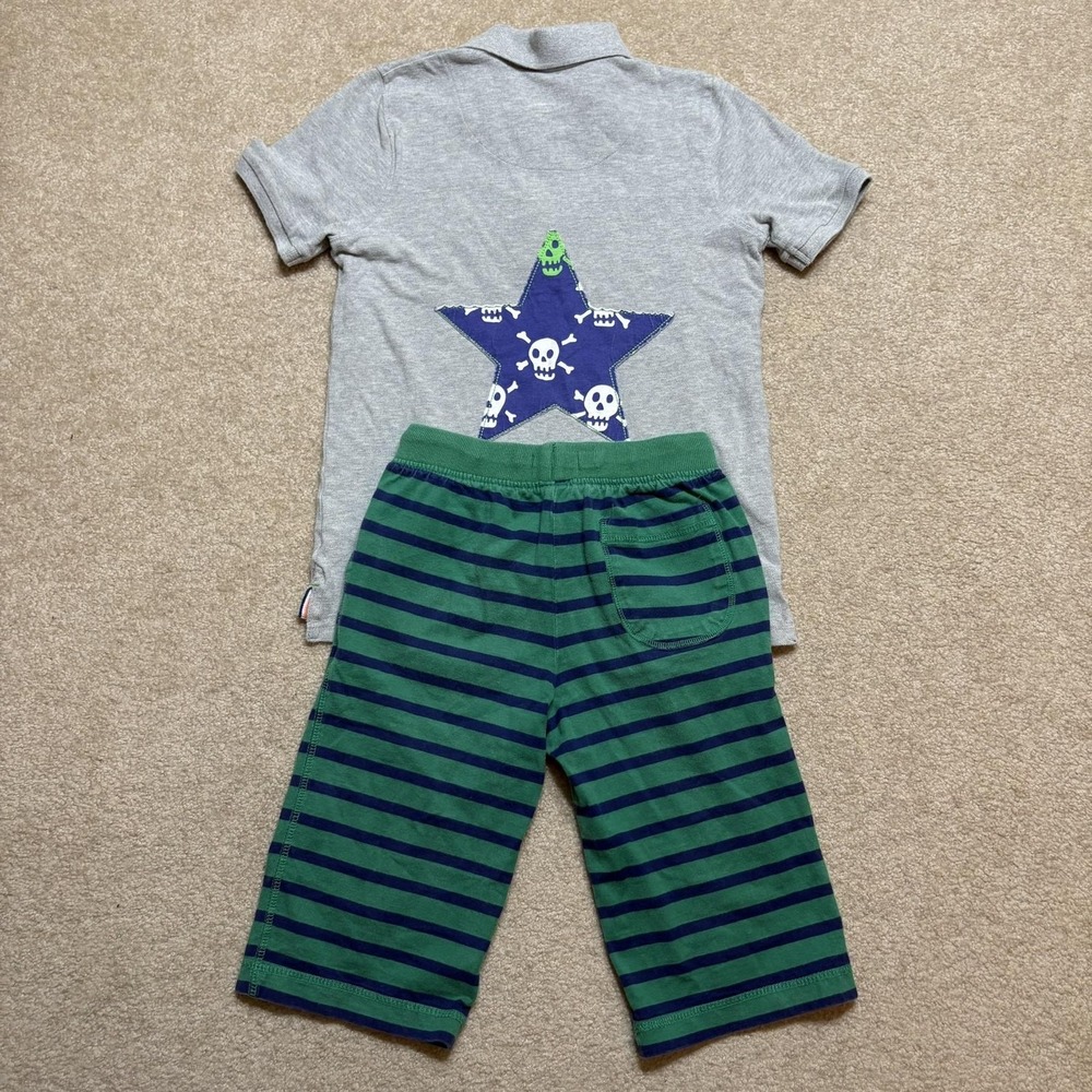 Mini Boden Polo Shirt & Shorts Set Boys 9-10Y Gray Green Striped Skull Star Kids